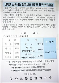 각 역사에 5장씩 배부했다는 대학생 교통카드 할인제도 조정 안내문. 